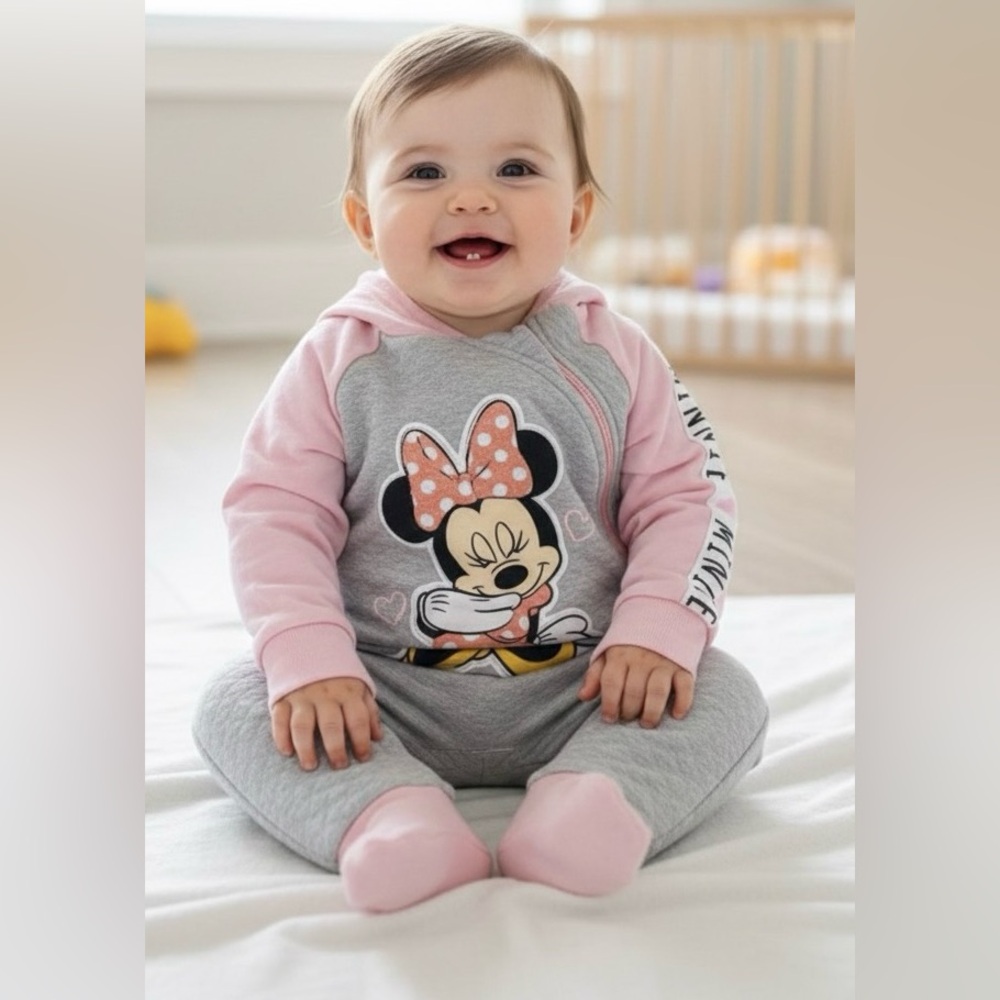 Disney Minnie Mouse, grey, pink trim baby sleeper, hood, full side zipper,12 mo